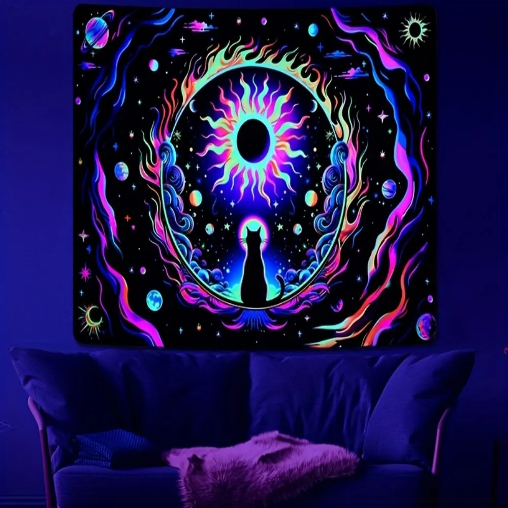 VIKAMA Magic Apostle Cosmic Cat Wandteppich, Gaming-Zimmer, böhmische Wohnzimmer-Dekoration, immersive Sternennacht-Raumdekoration