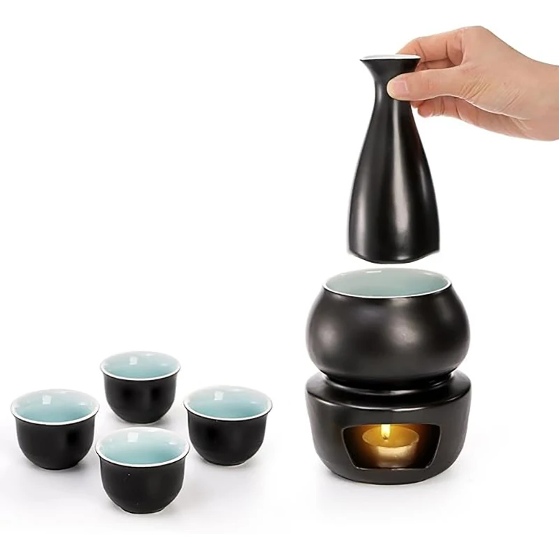 Janpanese Sake Set with Wamer, Ceramic 7pcs Wine Set with 1  Carafe 4 Sake Cups 1 Sake Warmer 1 Candle Stove