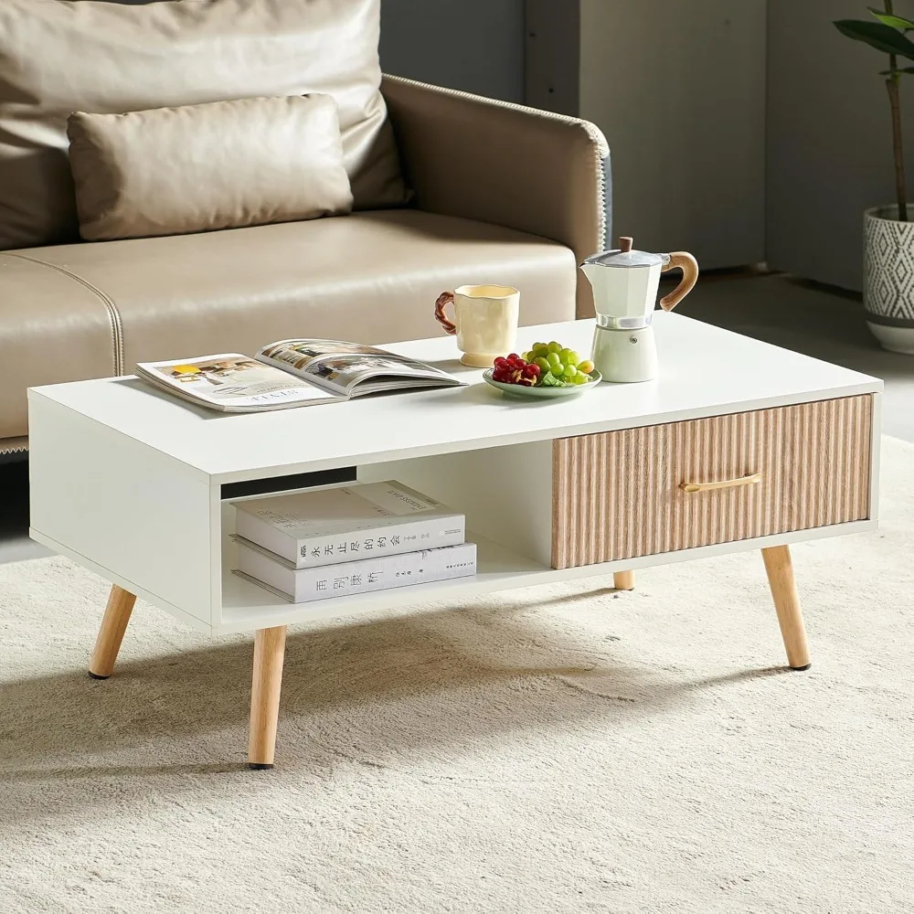 

40.9 Inch Wooden Coffee Table with Storage, Modern Rectangle Accent Center Sofa Table with Sliding Drawer & Solid Wood Legs for