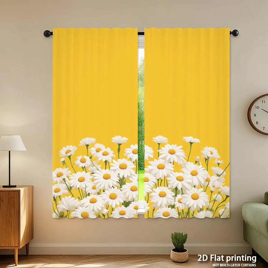 Yellow Floral Pattern Curtains for Living Room Window Decoration Bright Daisy Print Home Drapes Curtain Panels