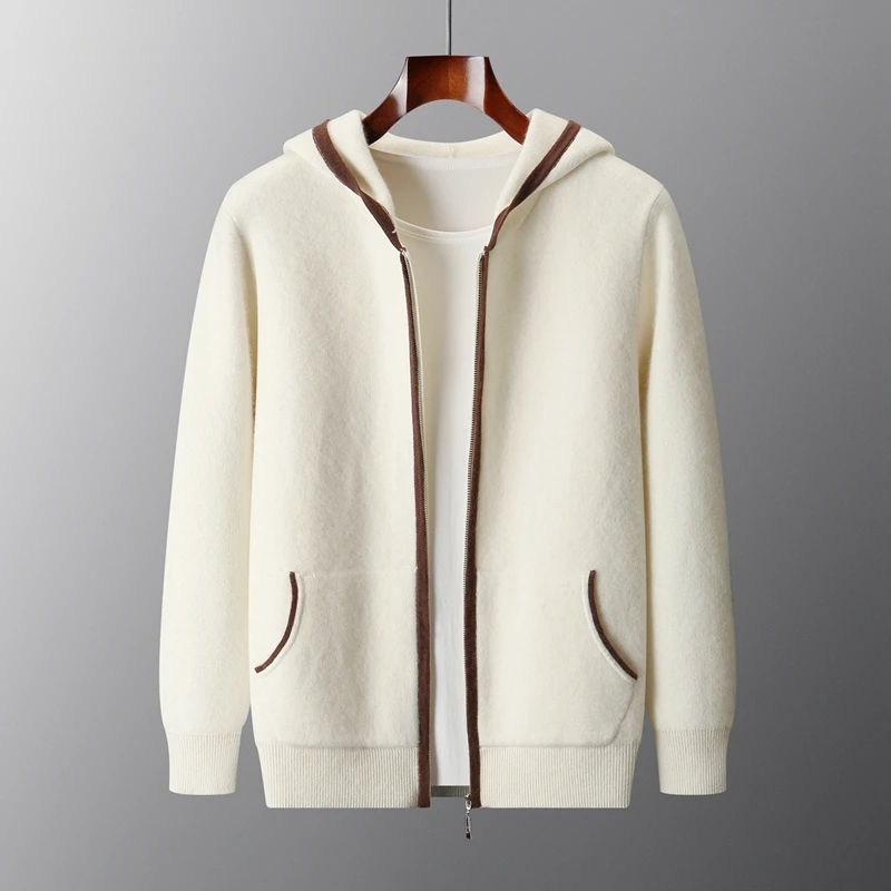 Autumn Winter New 100% Cashmere Sweater Hooded Zipper Cardigan Men's Air Layer Thickened Color Block Knitted Sweater Jacket