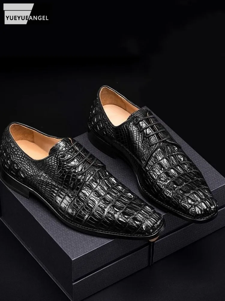 Business Casual Mens Crocodile Skin Genuine Leather Dress Shoes Pointed Toe Lace Luxury British Style Mens Derby Shoes Size 45