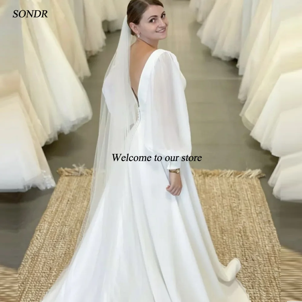 SONDR V-Neck Chiffon Bride Dresses Elegant Custom Made Backless Wedding Dress Puffy Sleeves Robe De Mariée Evening Gown Bridal