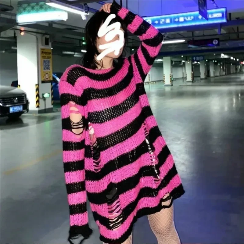 Jesień Nowy Sweter Punk Gothic Kobiety Oversized Pullovers Striped Cool Hollow Out Hole Broken Harajuku Estetyka Sweter