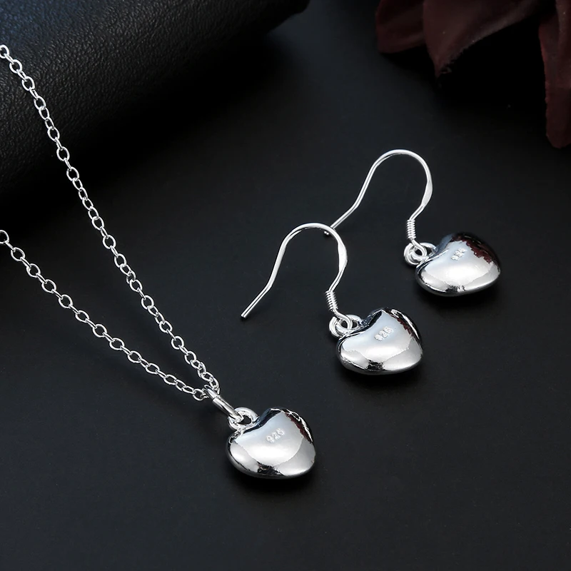 

925 sterling silver fashionable and charming jewelry women's earrings, fat heart heart heart heart pendant, snake chain necklace