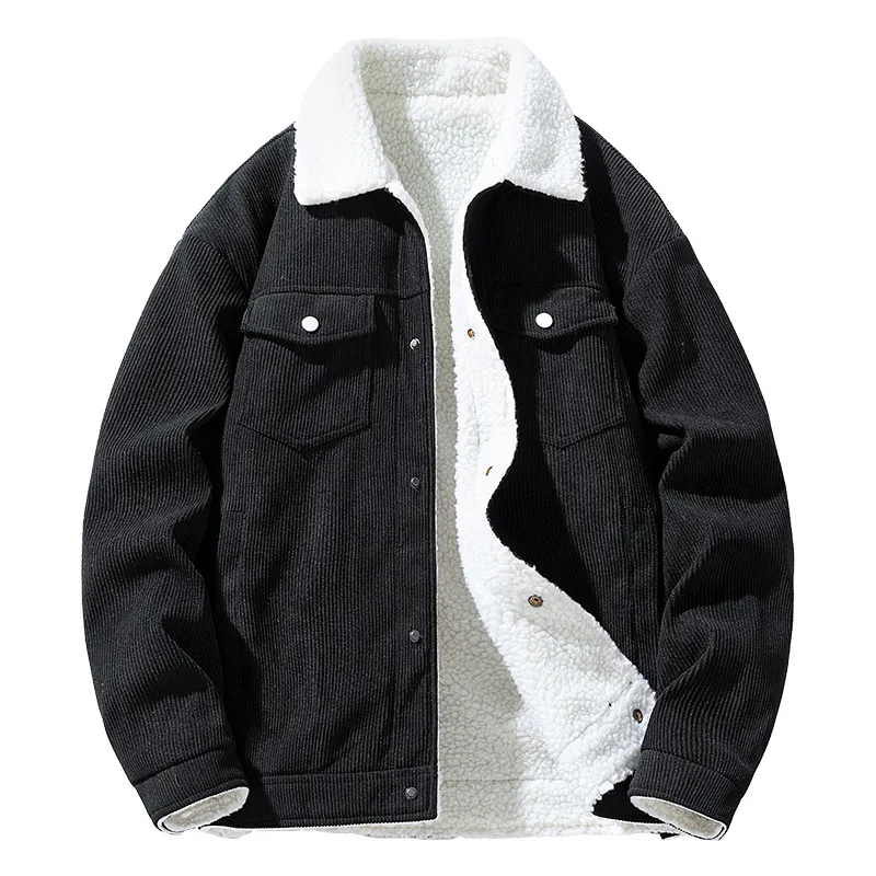 New autumn and winter warm corduroy jacket for men, trendy lapel lambskin loose, casual and fashionable outdoor coat