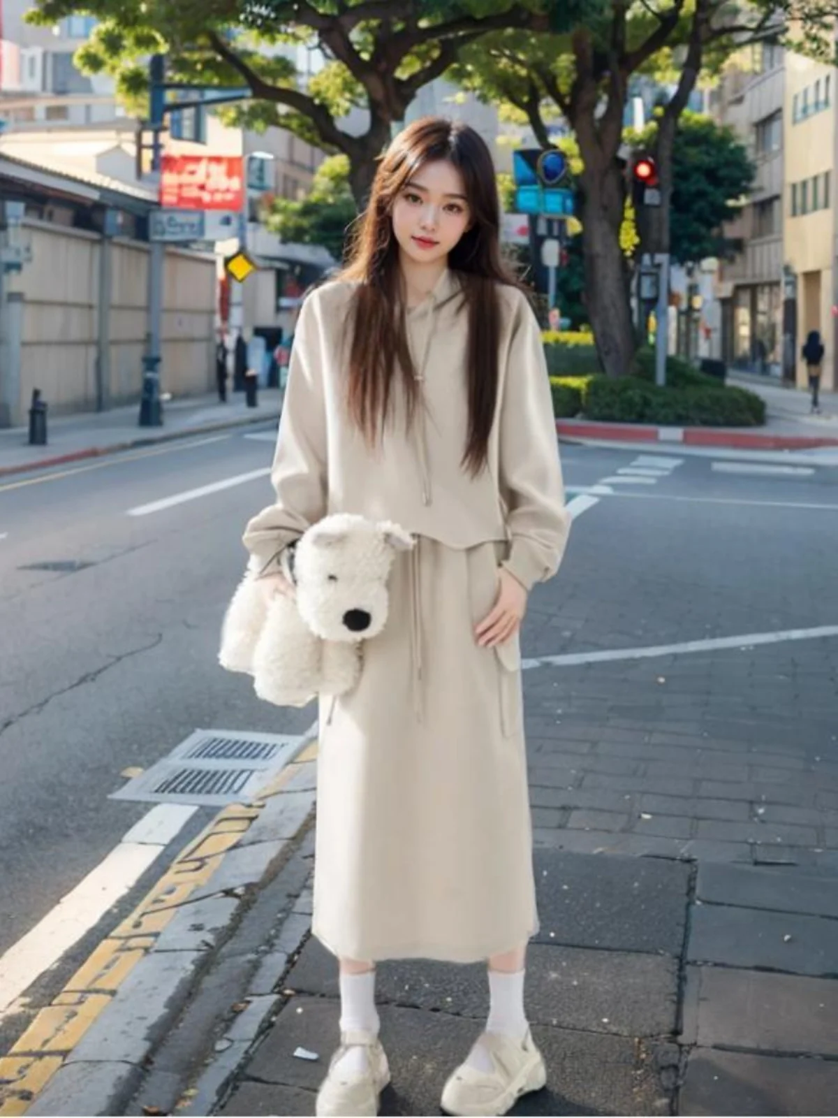 Gorro de viaje coreano Sle para mujer, conjunto largo sencillo de dos piezas, conjunto de sensación de diseño Faion, otoño e invierno