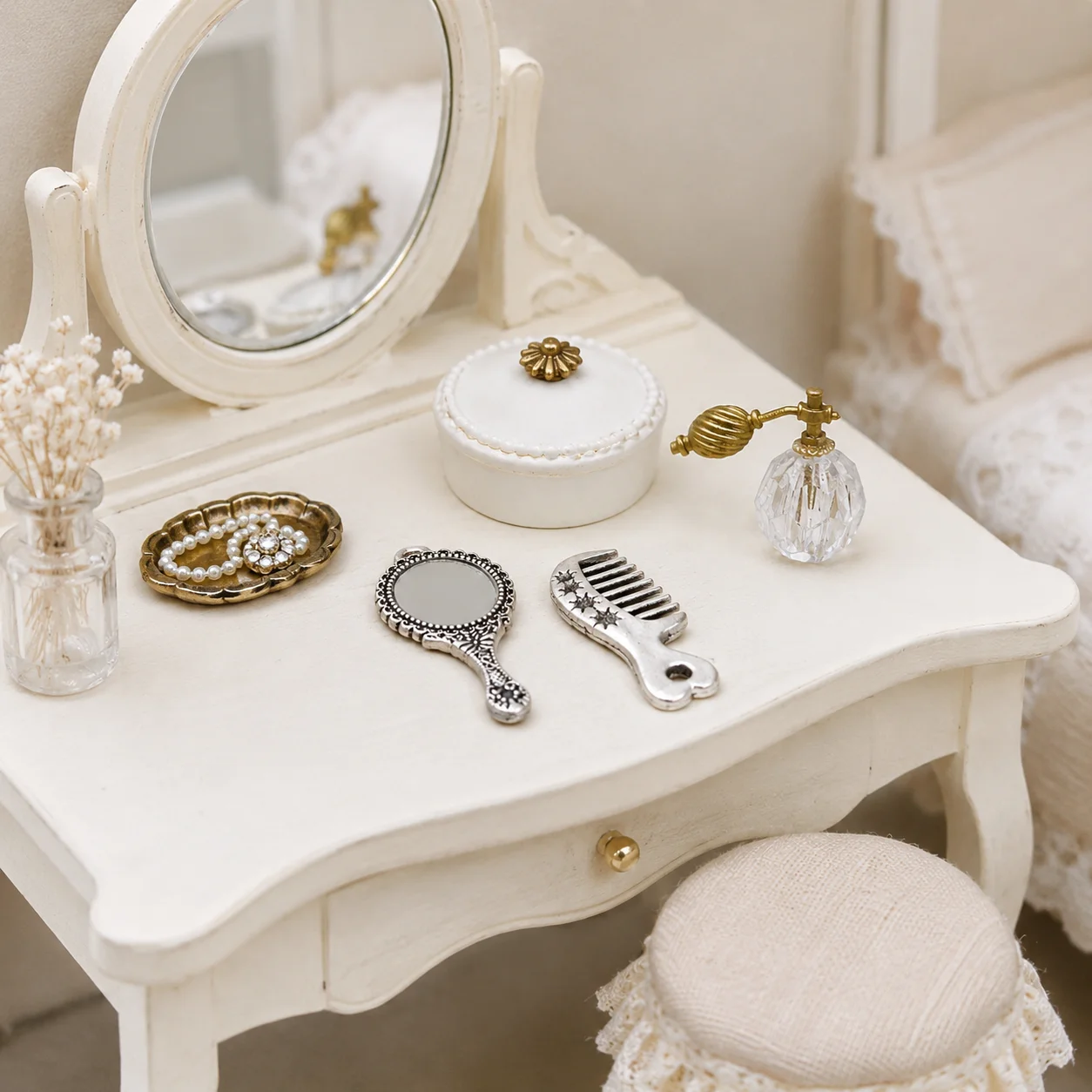 3Pcs Mini Vintage Perfume Comb Mirror Set, 1:12 Dollhouse Miniature Makeup Accessories, Tiny Vanity Toys for Doll House