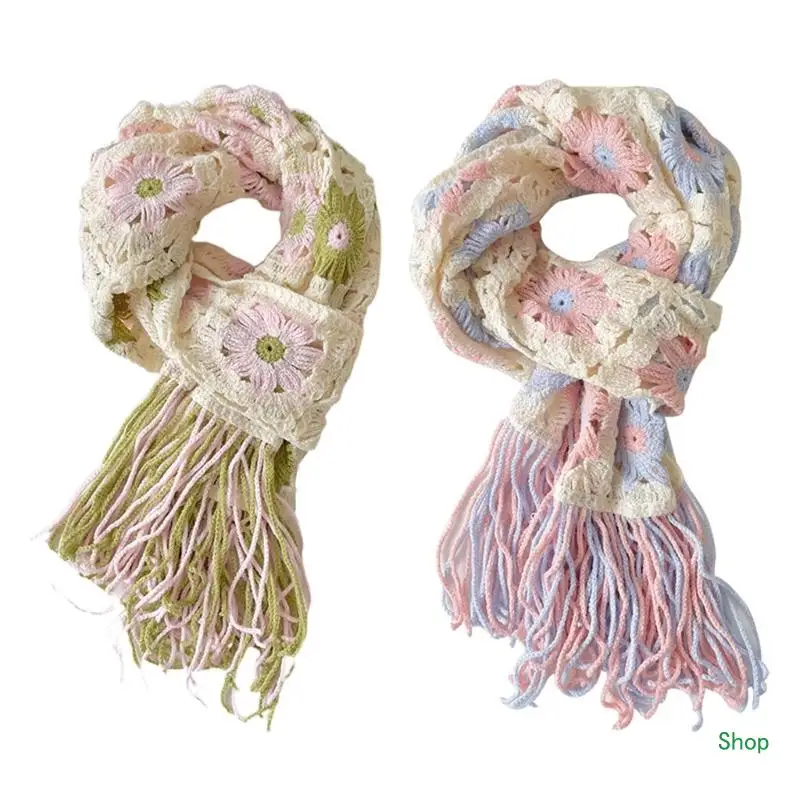 

Dropship Womens Neckerchief Knit Scarf Hollow Out Floral Tassels Scarf for Autumn Winter