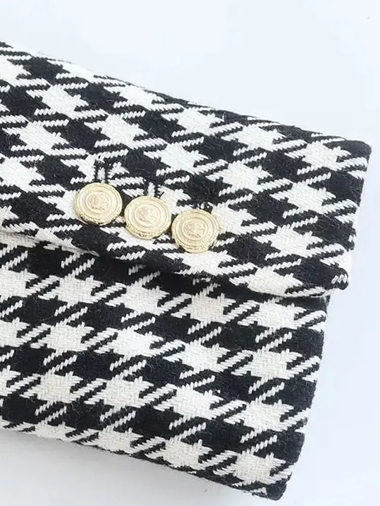 Moda feminina duplo breasted houndstooth blazer casaco vintage manga longa bolsos com aba feminino outerwear chique coletes