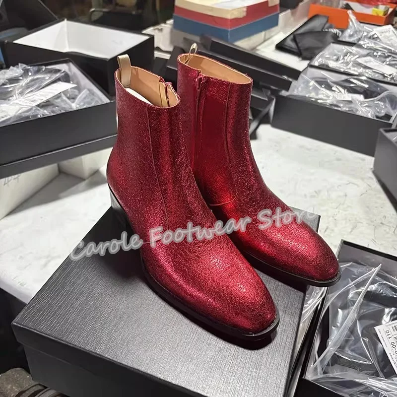 Bling Sequined Round Toe Chunky Heel Boots for Men Handmade Side Zipper Chelsea Boots Male Wedding Business Dress Shoes