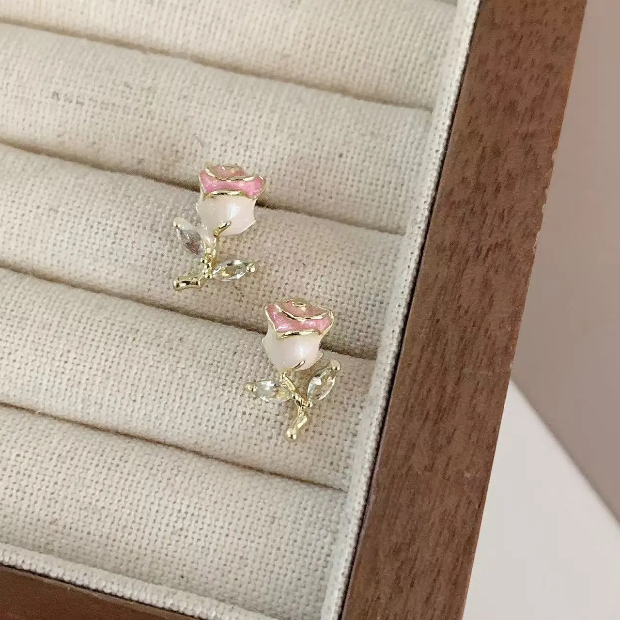 Stud Earrings Rose Enamel Coated Romantic Zirconia French Oil Painting Style Lightweight Alloy Unique Versatile Jewelry Women
