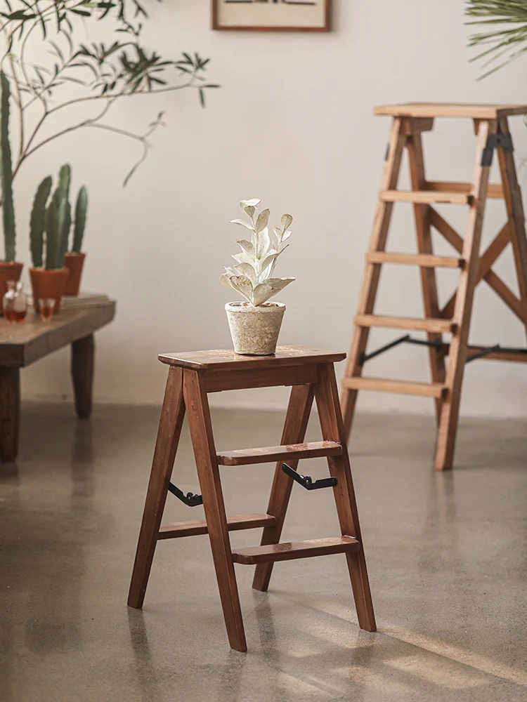 Folding ladder creative flower stand, old elm solid wood ladder shelf, retro old balcony landscaping living room flower table