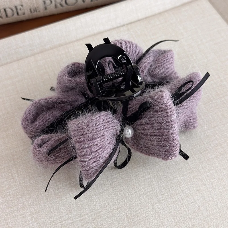 1pc Autumn/winter Korean-style yarn pearl ribbon bow hair claw, new high-end exquisite bun shark clip hair accessory