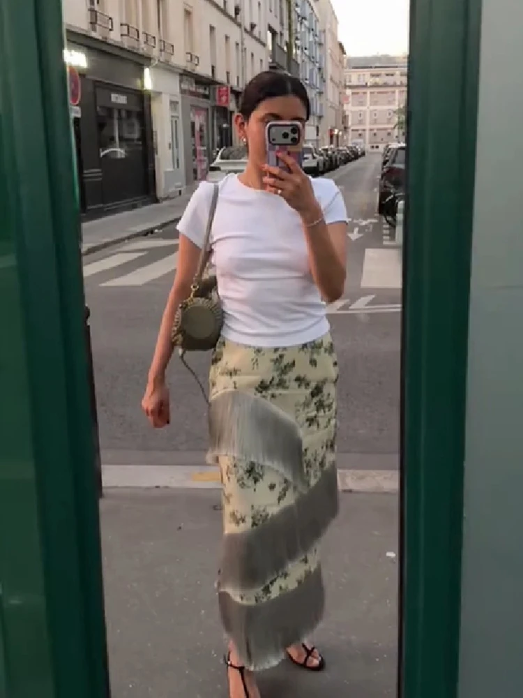 Romantic Floral Maxi Skirt Fringe Slim Fit Women Long Bottoms Evening Party Chic Elegant Stylish Streetwear
