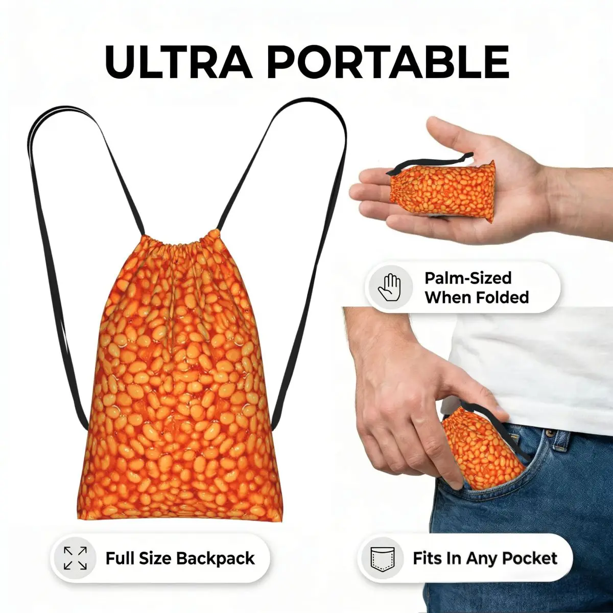 Baked Beans In Things Pattern Drawstring Backpack Sports Gym Bag Lightweight Foldable Storage Drawstring Bag for Men Women