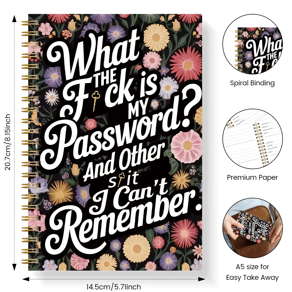 A5 كتاب كلمة المرور المضحك غطاء الأزهار المنظم دفتر سجل حلزوني لتسجيل الدخول على موقع المستخدم وإدارة كلمة المرور #2