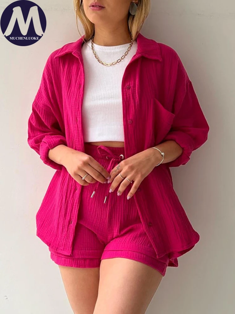 Women\'s Long Sleeve Lapel Shirt Tops and Shorts Set Loose High Waisted Drawstring Shorts, Casual Outfit Summer Fashion New 2 Pcs