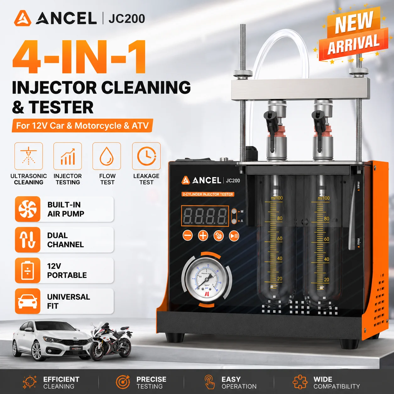 Testeur d'injecteurs de carburant à double canal ANCEL JC200, outil de test d'injection 2 cylindres avec pompe à air intégrée 12V pour voiture et moto