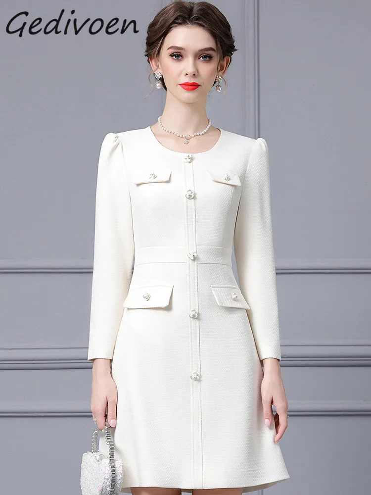 

Gedivoen Autumn Fashion Designer Beige Vintage Dress Women's O Neck Long Sleeve Button Pockets High Waist Slim Mini Short Dress