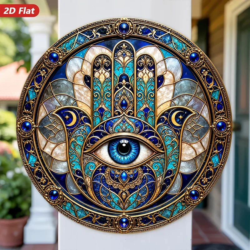 CIFBUY Art Deco Hamsa Hand Symbol Blue Gold Aluminum Wall Art Waterproof Wear Resistant Round for Living Room Bedroom Office Hom