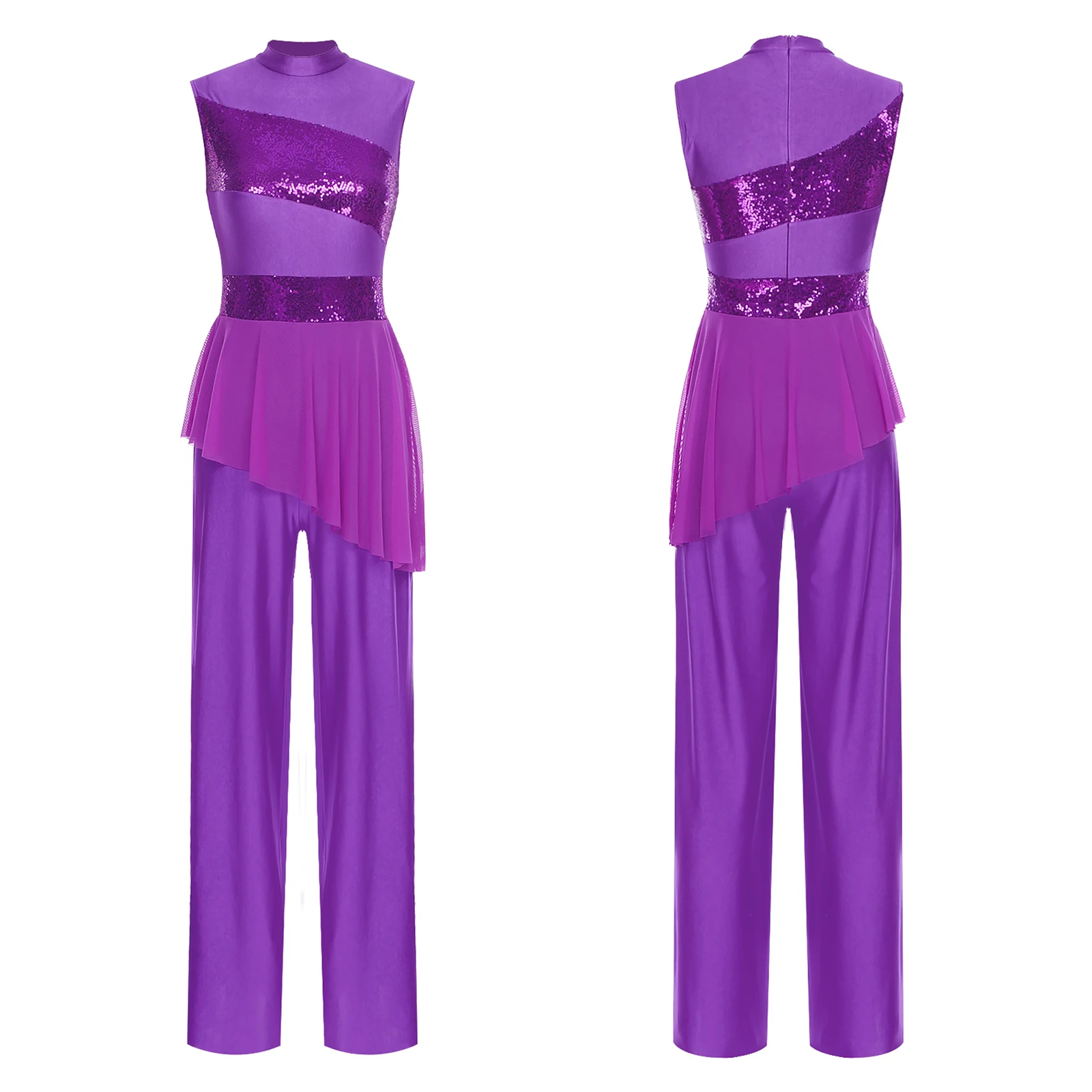 

Women Modern Lyrical Dance Costume Jumpsuit Sleeveless Sequin Patchwork Mesh Overlay One-Piece Dance Ballroom Jazz Skating Dress