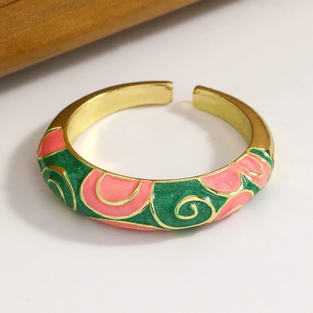 Fashion Chinese Style Drip Oil Ring Vintage Colorful Enamel Statement Ring Adjustable Ethnic Floral Pattern Ring Anniversary