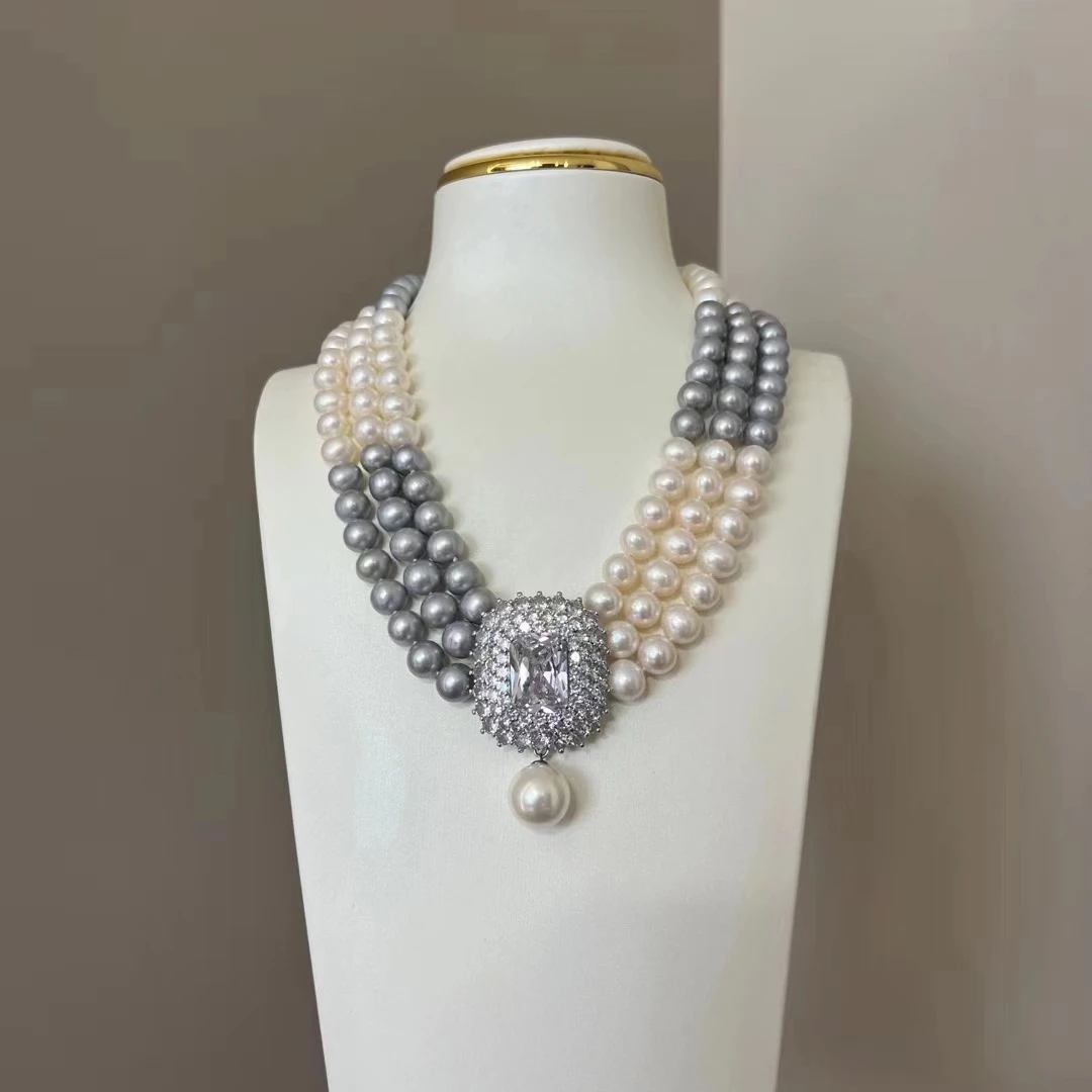 

11-12mm Natural Grey And White Pearl Necklace Gift for Women