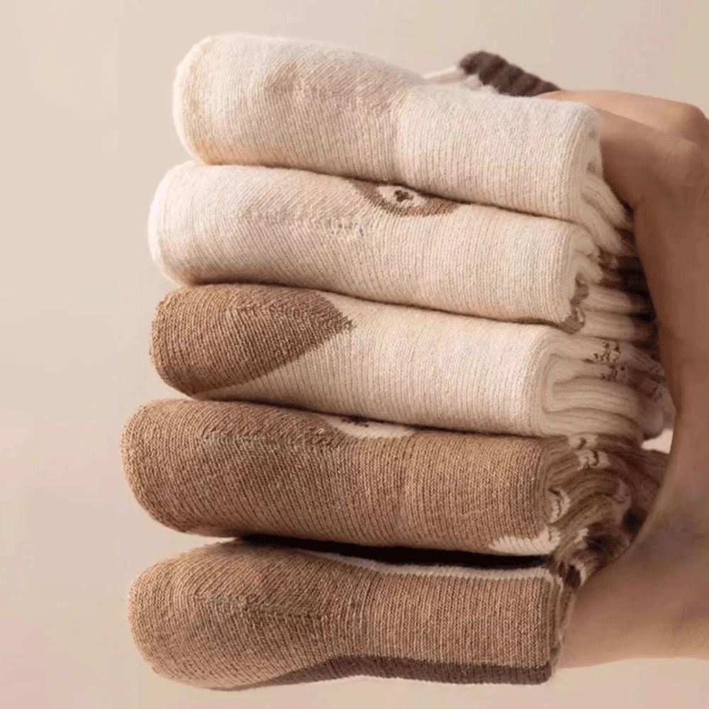 5 أزواج من جوارب الأطفال للخريف والشتاء، جوارب مخملية سميكة للفتيات والفتيان، جوارب متوسطة لطيفة على شكل دب