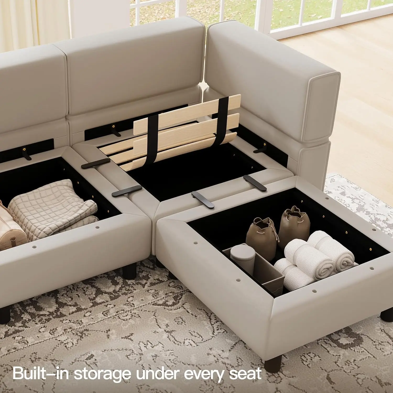 Velvet Modular Sectional Sofa with Reversible Chaise & Storage, 4-Seat L-Shape Convertible Couch Grey, Customized