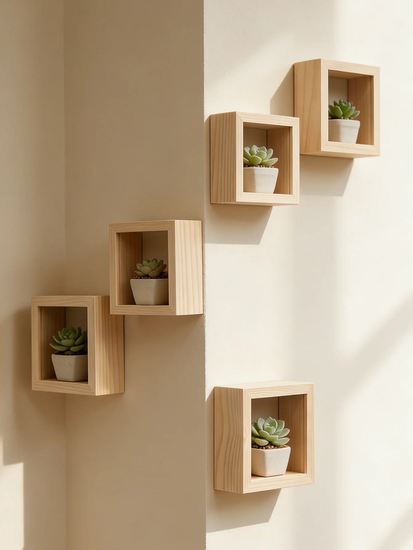 Wooden Cube Wall Shelves Mini Floating Display Shelf for Figurines Plants Decor Boho Home Wall Storage Organizer Hanging Shelves view 3