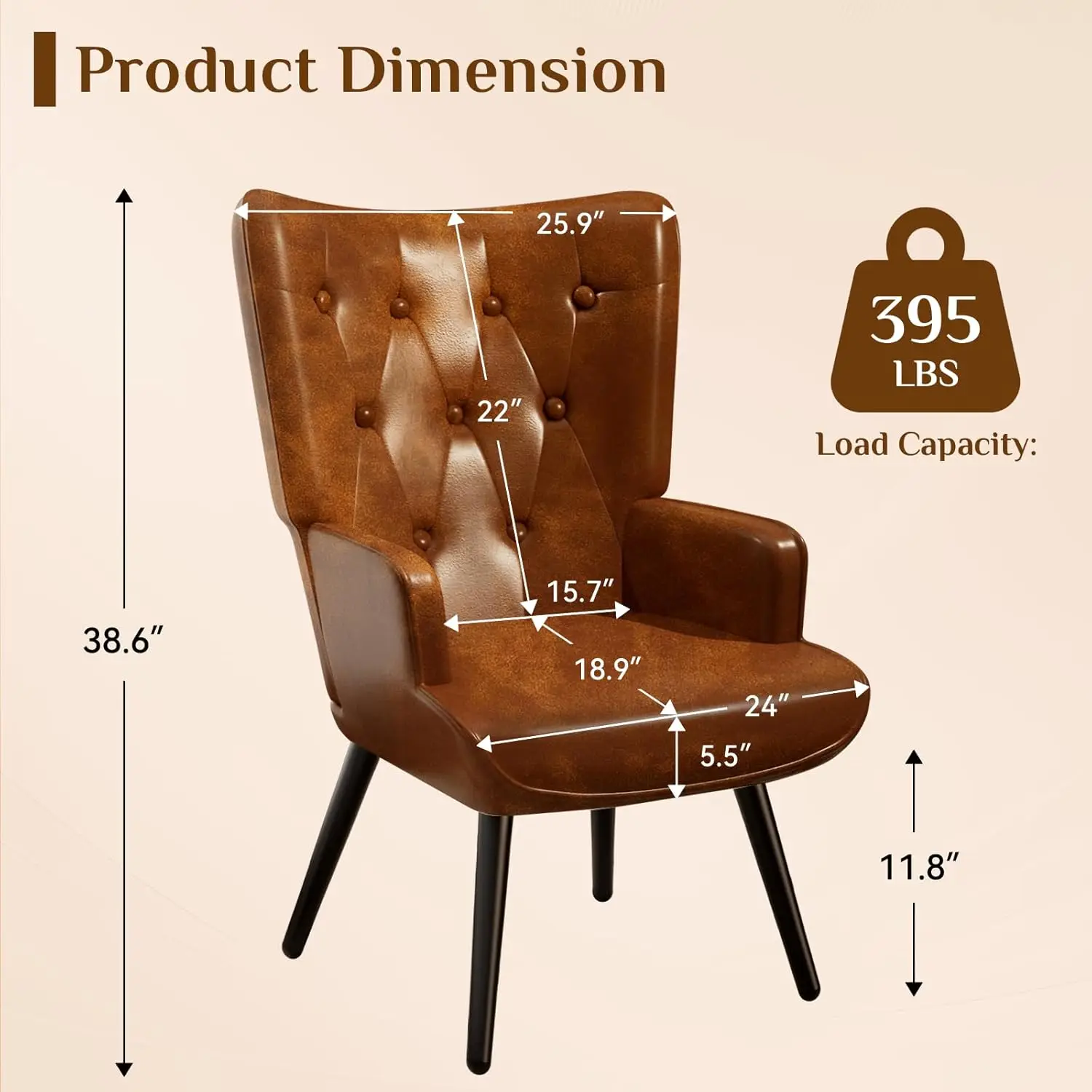 PU Leather Accent Chair High Back Wingback Armchair Mid Century Modern Living Room Bedroom Reception Customized