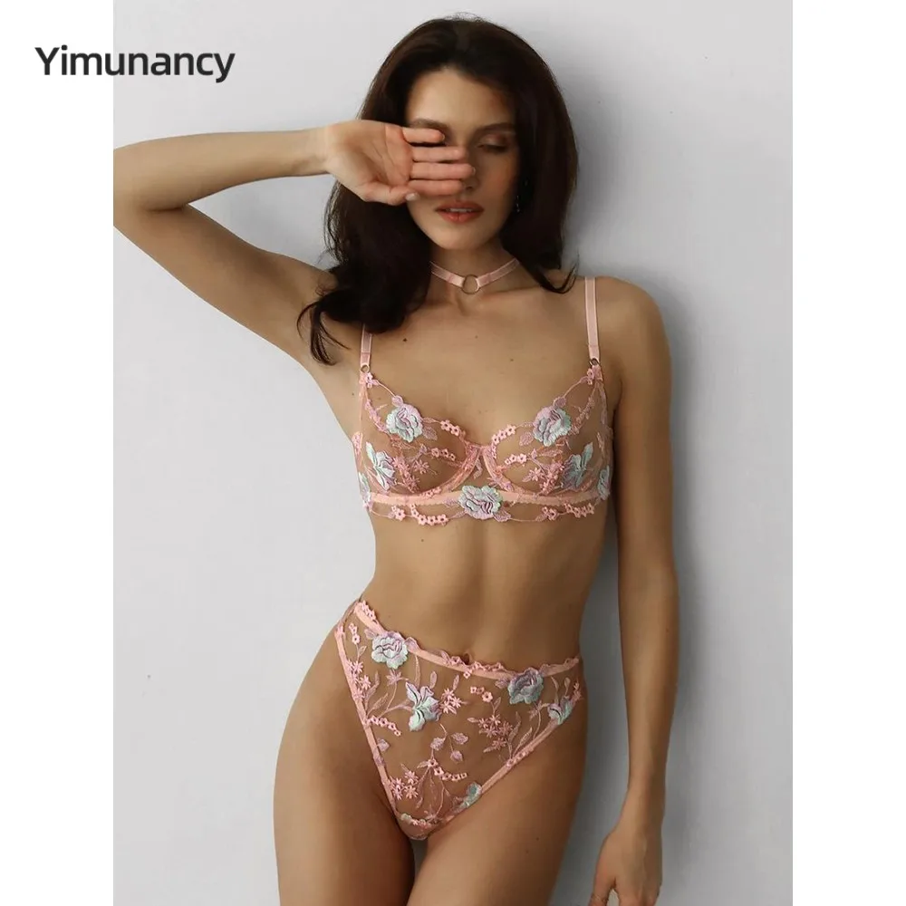 Yimunancy Embroidery Lingerie Set Women Floral Boho 3-Piece Bra + Panty Underwear Set Sexy Intimates