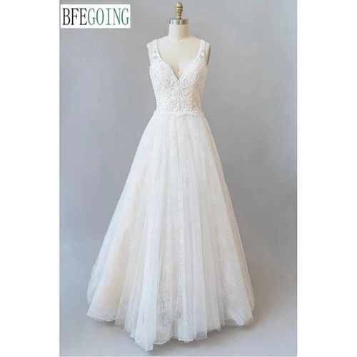 Apliques de encaje de lujo con cuentas, vestidos de novia de corte en A con cuello en V, tren capilla, vestidos de novia sin mangas hasta el suelo hechos a medida