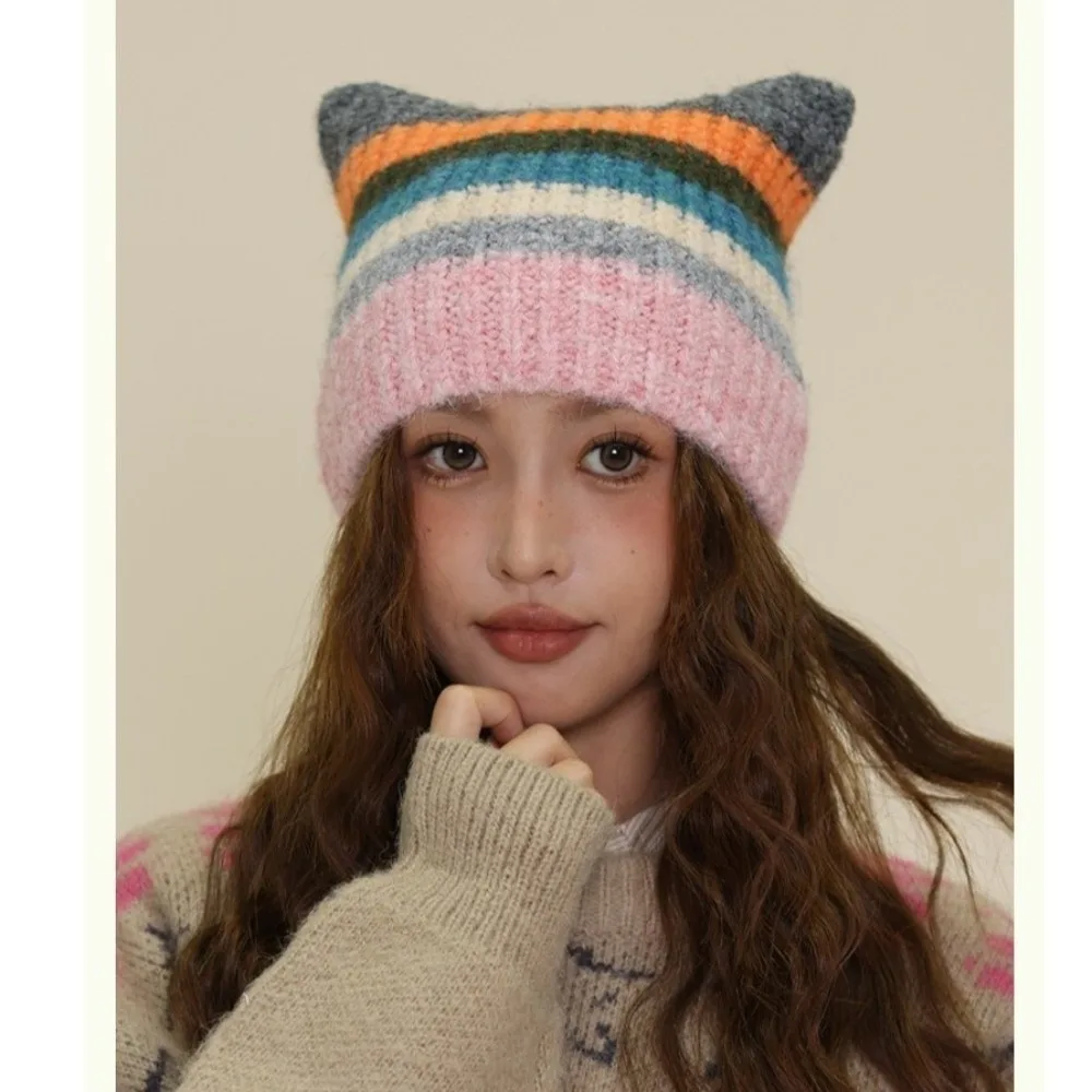 Rainbow Striped Knitted Beanie Hat 55-59cm Head Circumference Daily Use Warm Winter Skull Cap Wool Blend Beanie Girls