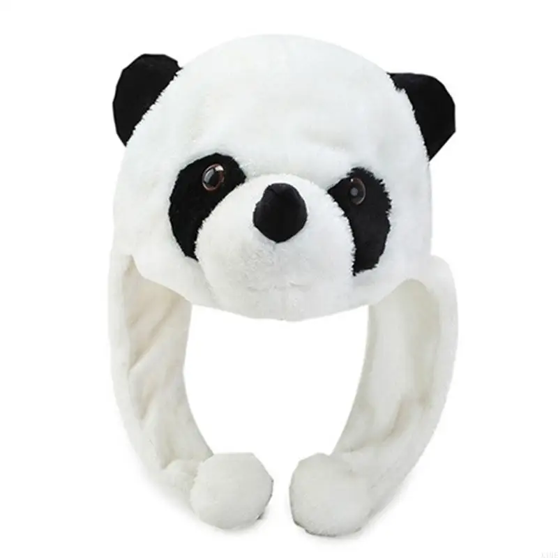 

K1ME Cartoon Plush Panda Animal Beanie Hat with Pom Pom Long Straps Thermal Warm Funny Stuffed Toy Earflap Party Props