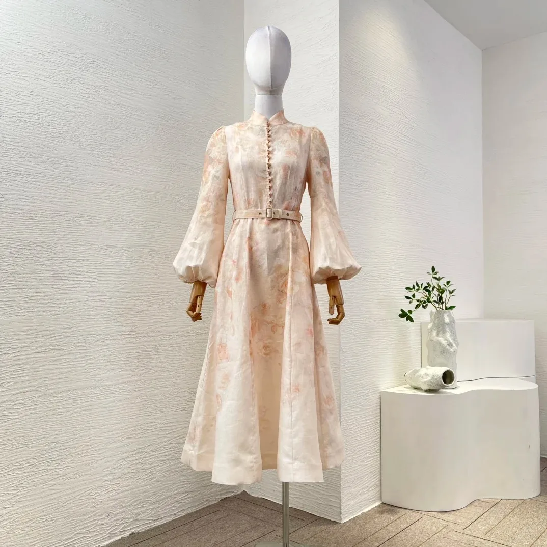 

Льняное высококачественное женское новое бежевое популярное классическое платье трапециевидной формы с длинным рукавом миди для праздника с цветочным принтом