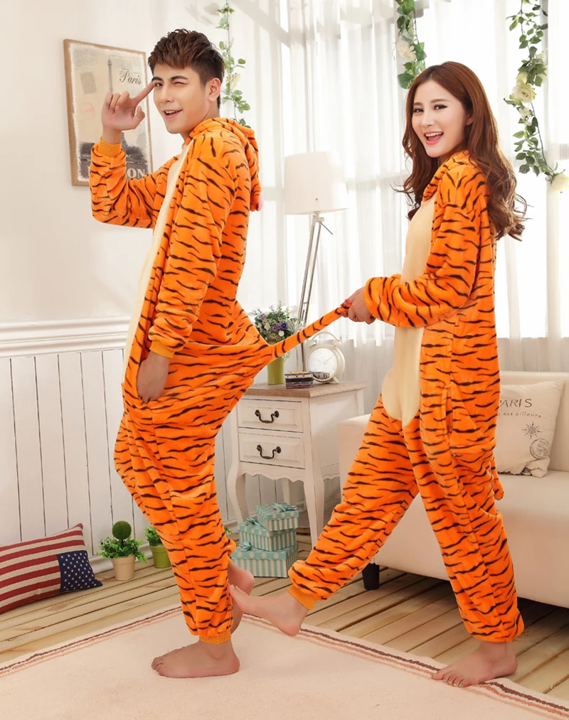 Unisex inverno uma peça dos desenhos animados pijamas de tigre com duas orelhas redondas poliéster fino quente magro bonito confortável sleepwear