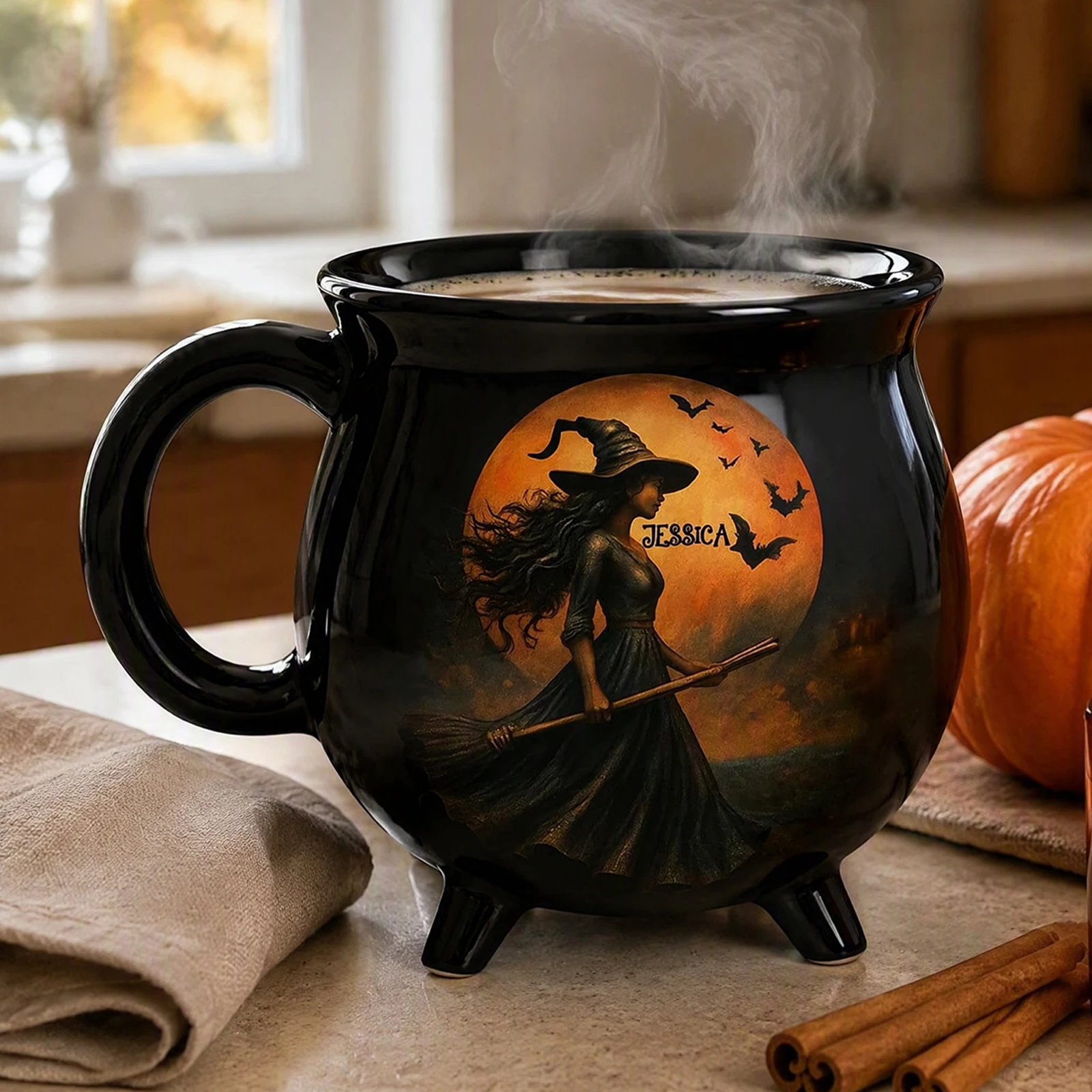 Witch Cauldron Mug Black Cat Halloween Ceramic Coffee Cup 11.5oz Novelty Cat Lover Gift Curved Handle