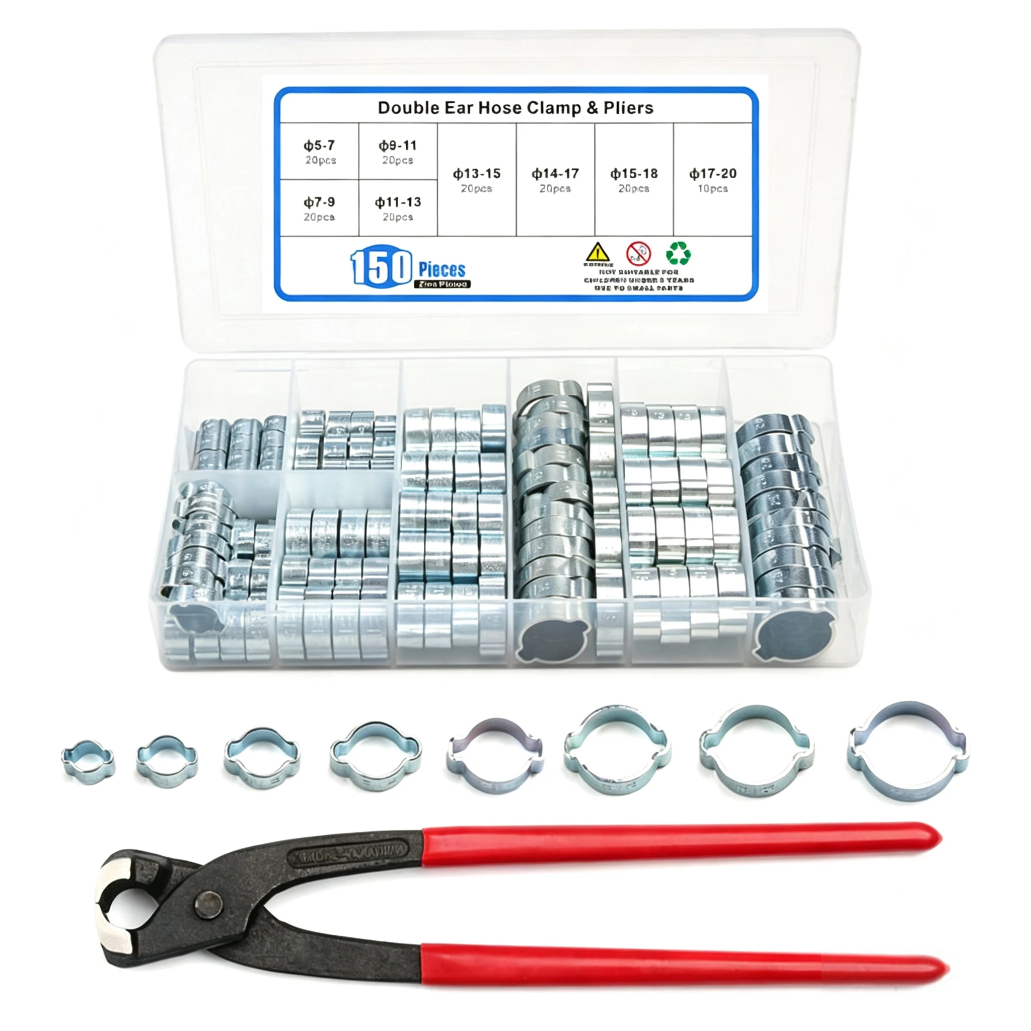 150PCS Double Ear Hose Clamps, 8 Sizes 5-20mm Galvanized Steel Crimp Rings with Pincer Tool for Hoses, Tubes, and Pipelines