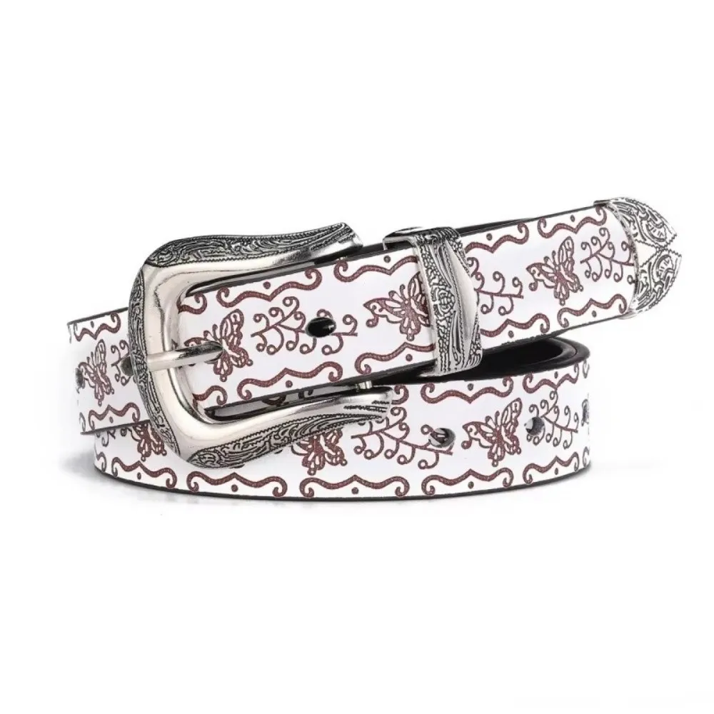 Retro Printed Women's Faux Leather Belt Butterfly Embossed Hip-Hop Jeans Belt with Buckle Ethnic Style Waistband