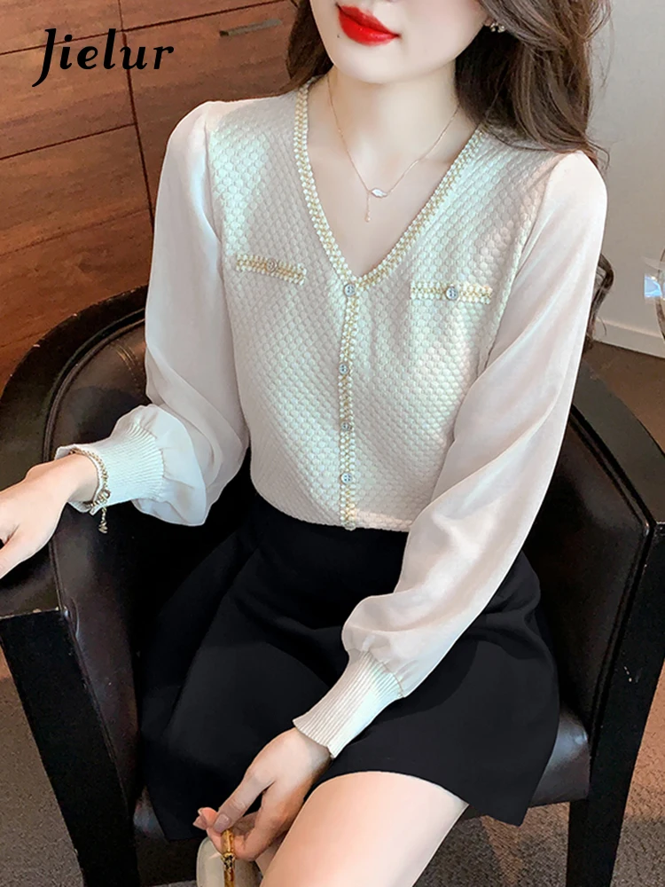 Jielur Autumn New Sweet Chiffon Women Blouse Ladies Elegant Long Sleeve Blouse Woman French White Black Apricot Knitted Top