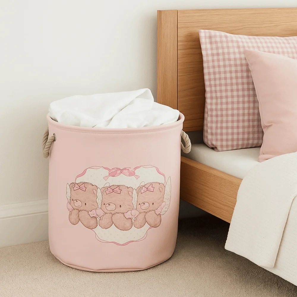 

Cotton Linen Dirty Clothes Basket Round Shape Cartoon Toys Storage Basket with Handle Large Capacity Laundry Hamper for Home