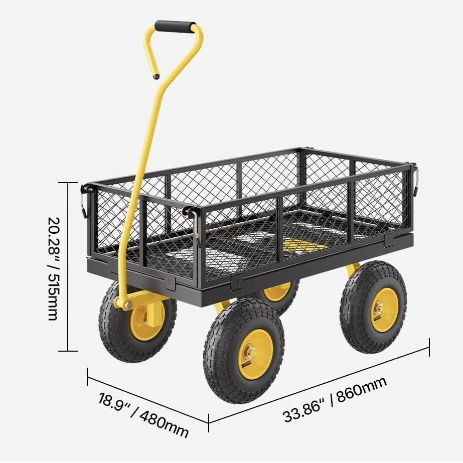 Heavy Duty Three-Wheel Garden Cart Rotating Handle Removable Steel Mesh Sides Utility Metal Wagon Plastic Material for Tools