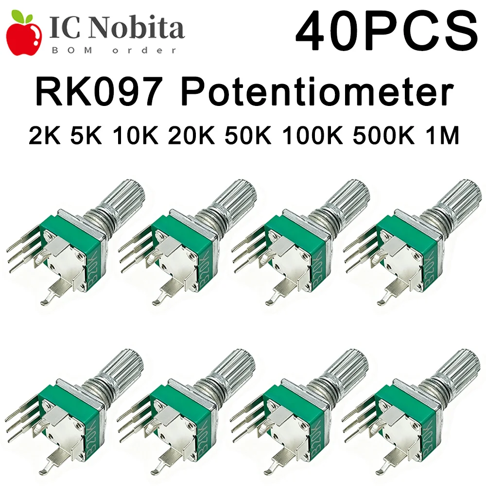40PCS RK097 Potentiometer Vertical Single Link  B2K 5K 10K 20K 50K 100K 500K 1M Ohm 15mm Gearless 3Pin