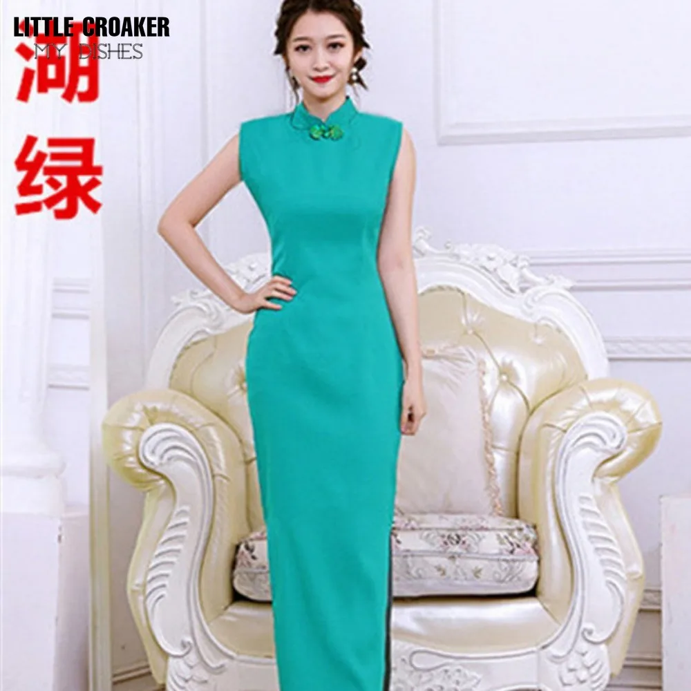 Donne 2023 New Chinese Long Chiffon Cheongsam Summer Slim Fit Qipao Performance Daily tinta unita migliorato Qipao