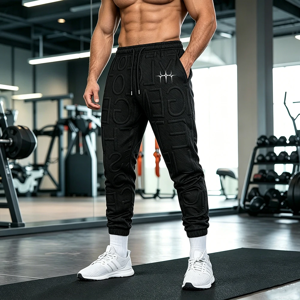

Men's Black Embossed Letter Print Sport Joggers Comfortable Casual Gym Elastic Waist Sport Pants Geometric Star Cross Graphic