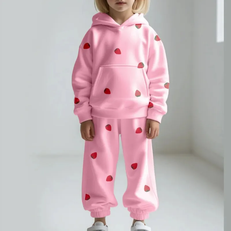 Two Piece Set Children's Strawberry Printed Hoodie Set 2026 Autumn Winter New Style Boy Girls' Sweet Hoodie Pants