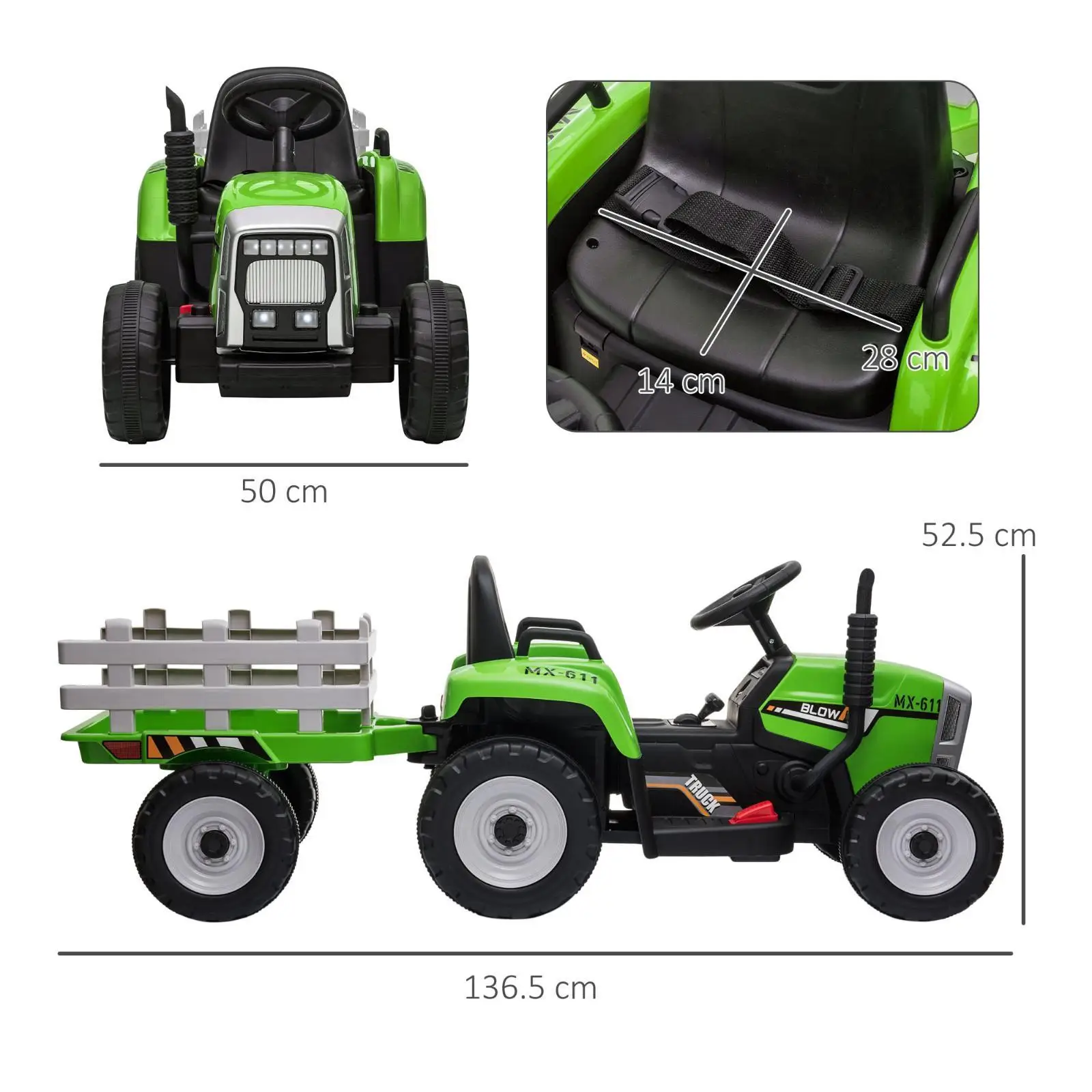 

Children’s Ride-on Electric Tractor 12V Remote Control Toy Vehicle Green LED Trailer for Outdoor Playtime Fun