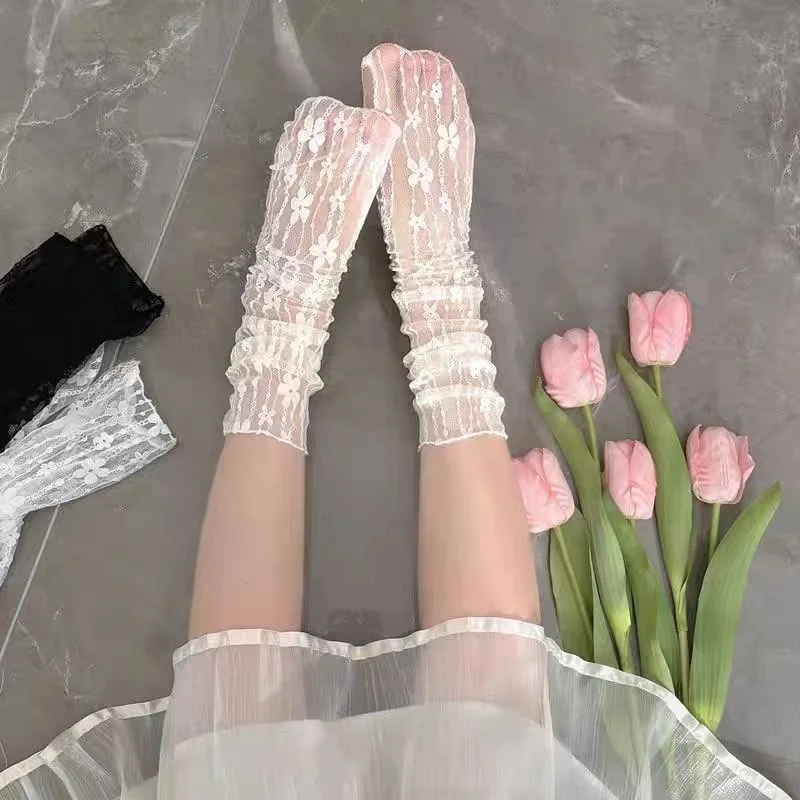 1Pair Summer Thin Mesh White Lace Shoe Insoles Japanese JK Floral Decor Fairy Foot Cushions Stacked Mid Calf Fashion Pads